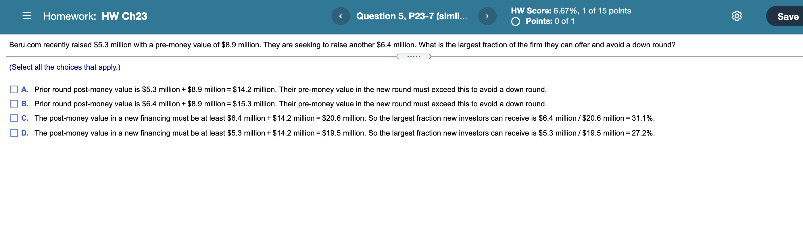  Homework: HW Ch23 Question 5, P23-7 (simil... HW Score: 6.67%, 1