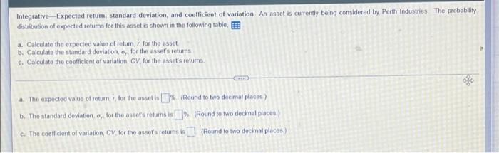  Integrative Expected return, standard deviation, and coefficient of variation An asset