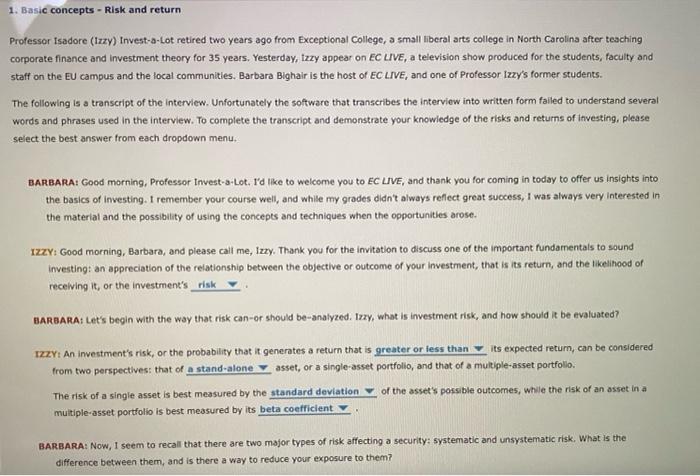  1. Basic concepts - Risk and return Professor isadore (tzzy) Invest-a-Lot