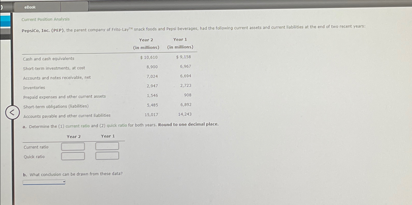  eBook Current Position Analysis \table[[,\table[[Year 2],[(in millions)]],\table[[Year 1],[(in millions)]]],[Cash and cash