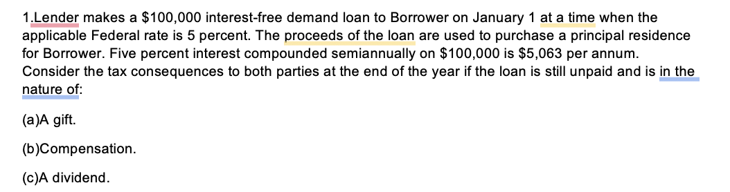  Lender makes a $100,000 interest-free demand loan to Borrower on January