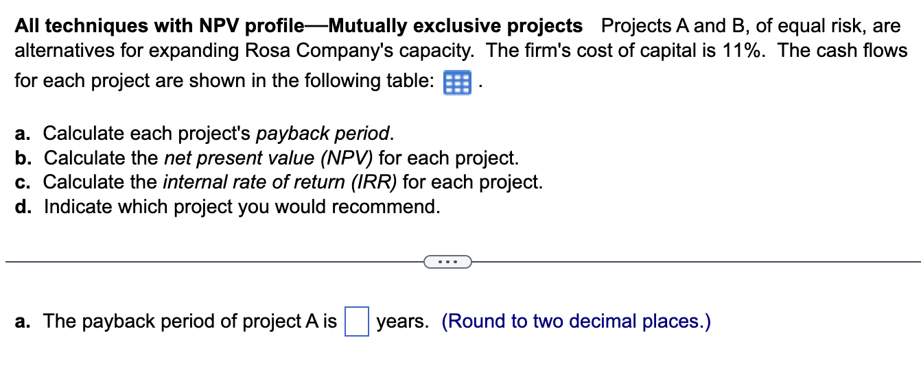  All techniques with NPV profile-Mutually exclusive projects Projects A and B,