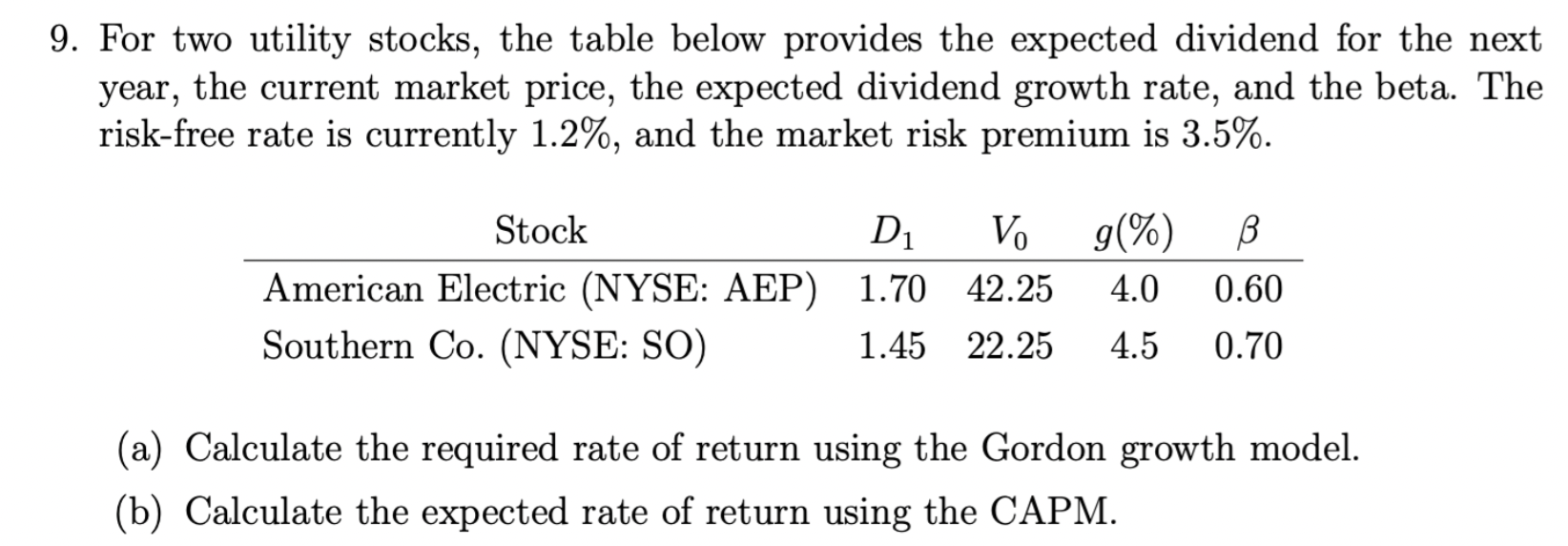 9. For two utility stocks, the table below provides the expected