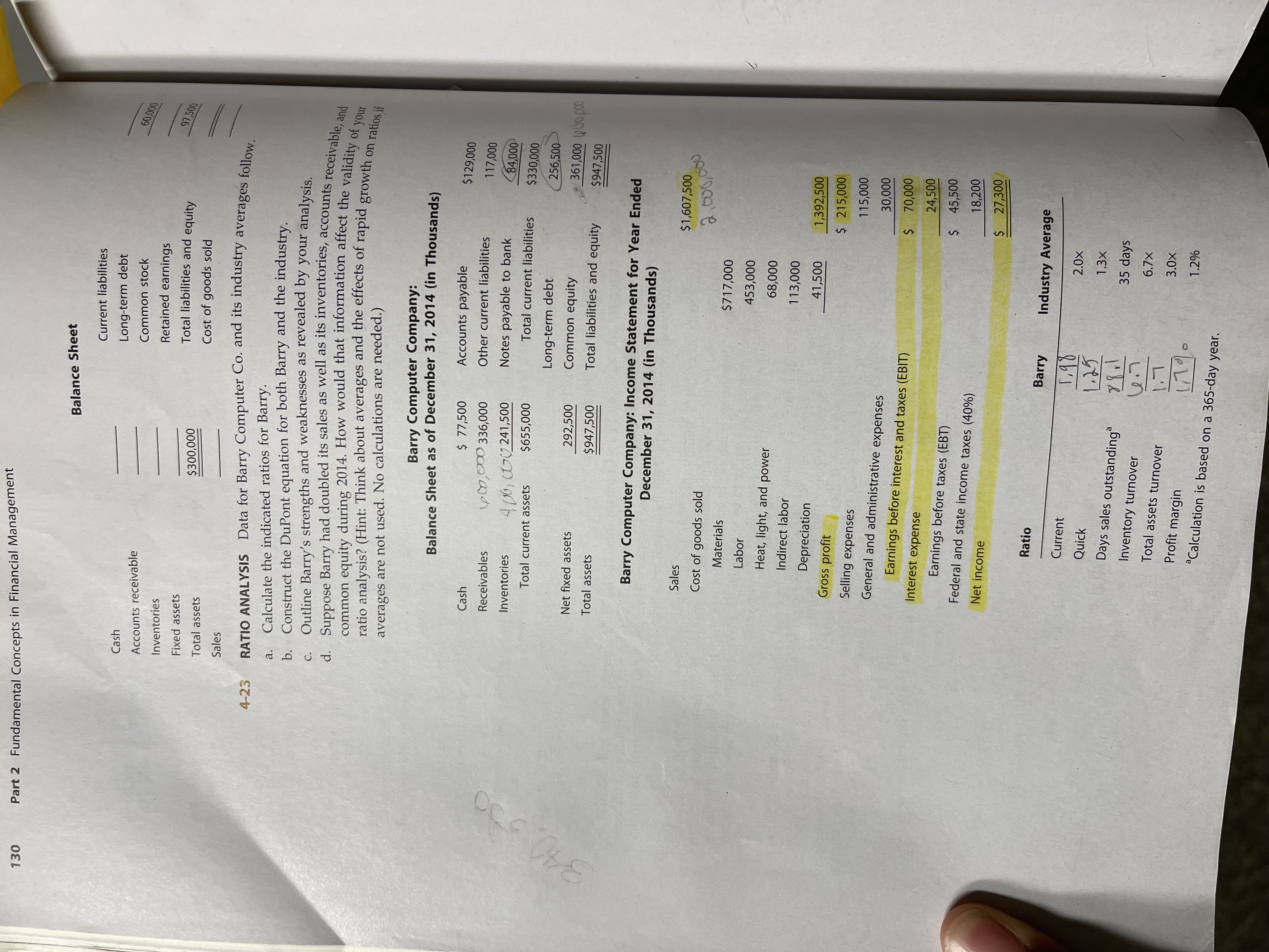  Sheet 4-23 RATIO ANALYSIS Data for Barry Computer Co. and its