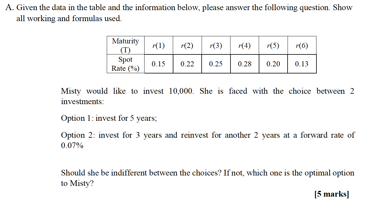  A. Given the data in the table and the information below,