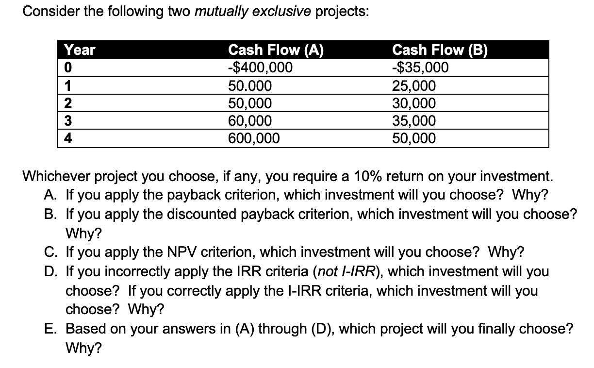  Consider the following two mutually exclusive projects: Whichever project you choose,