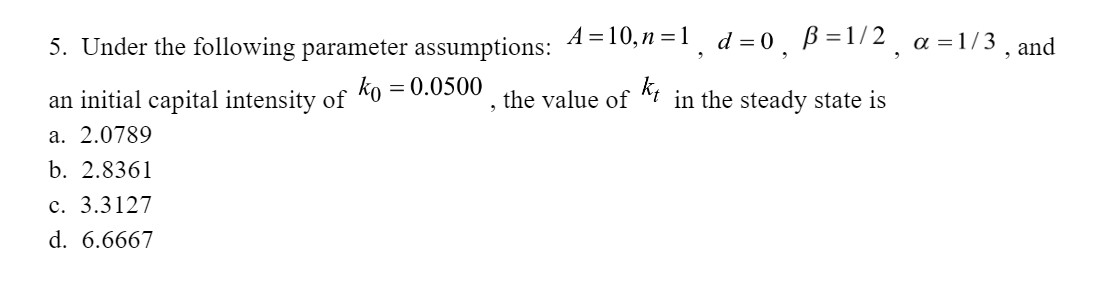  Under the following parameter assumptions: A=10,n=1,d=0,=12,=13, and an initial capital intensity