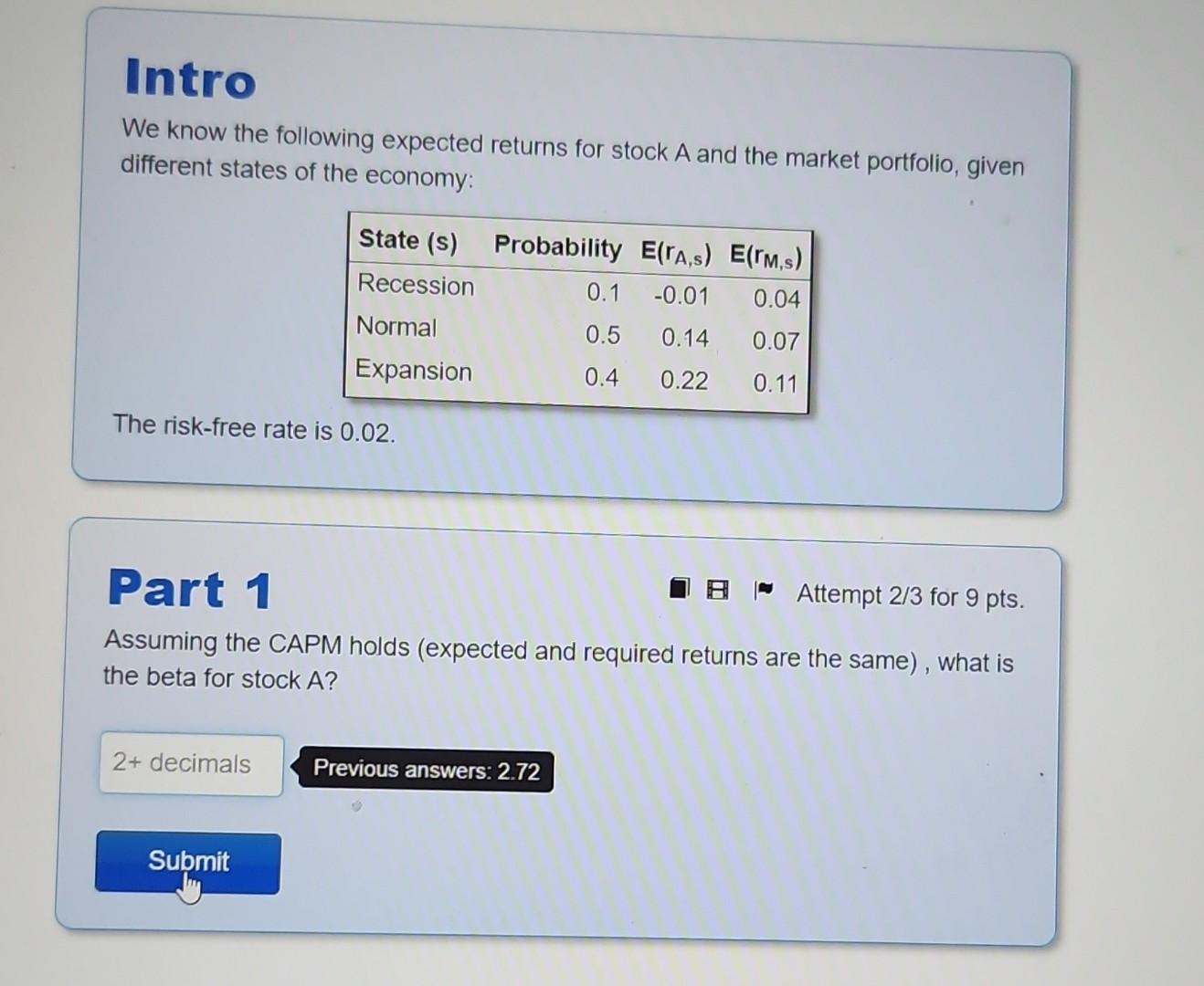We know the following expected returns for stock A and the