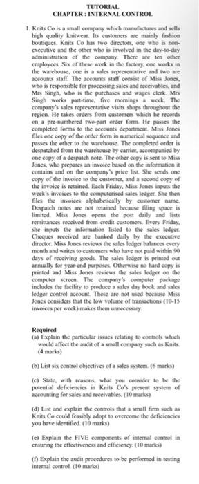  TUTORIAL CHAPTER: INTERNAL CONTROL 1. Knits Co is a small company