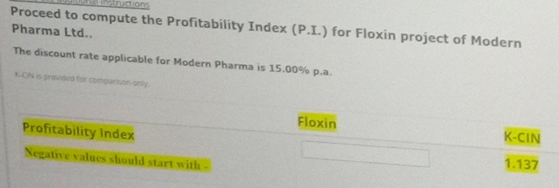 Answer? structions Proceed to compute the Profitability Index (P.I.) for Floxin