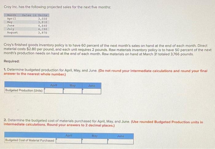 please help answer both questions Croy Inc. has the following projected sales