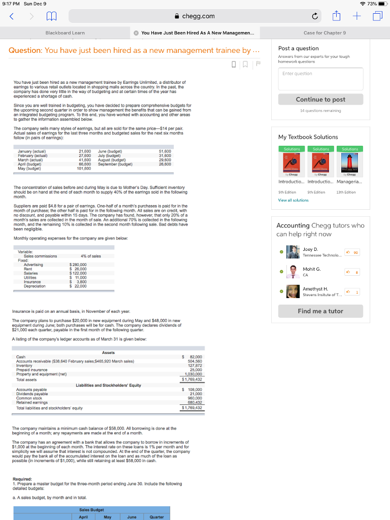 be indicated by a minus sign.) Cash Budget For the Three Months