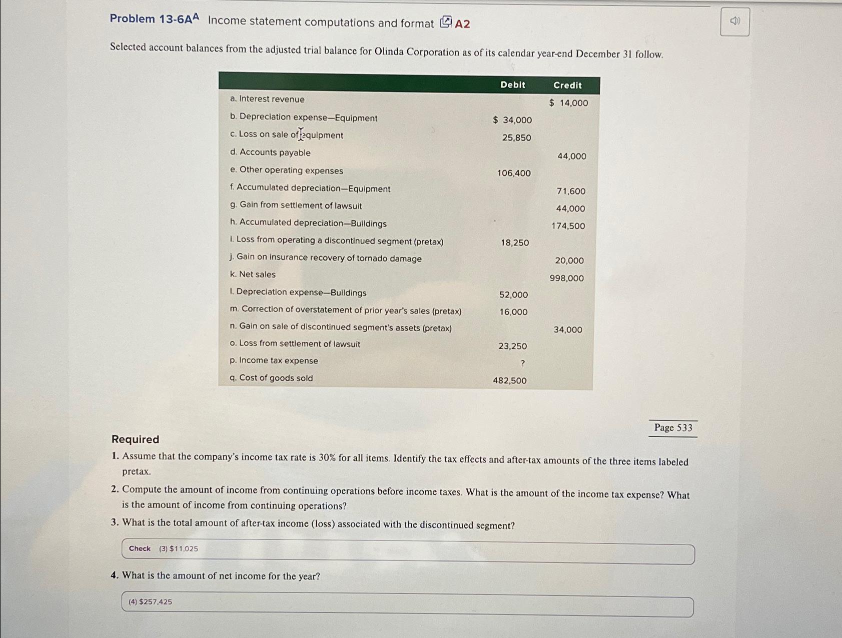  Problem 13-6AA Income statement computations and format [ A2 Selected account