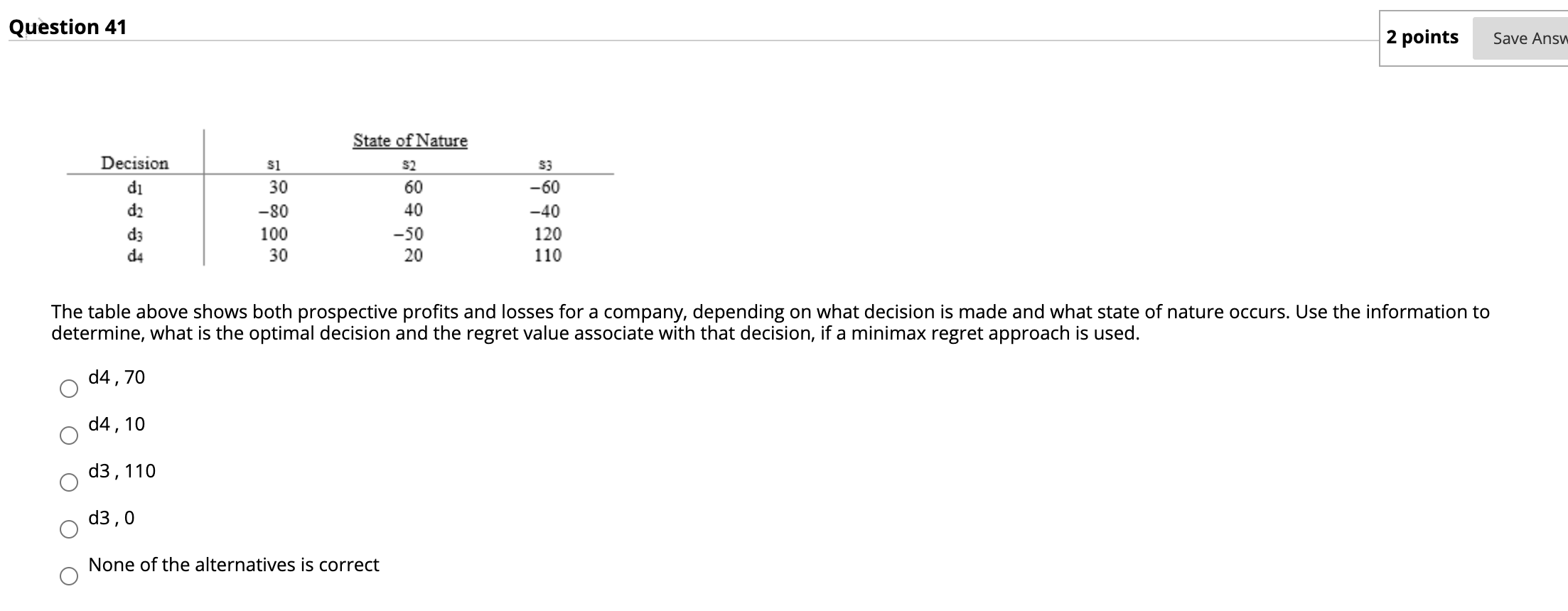 Question 41 2 points Save Answ Decision di d2 dz d4