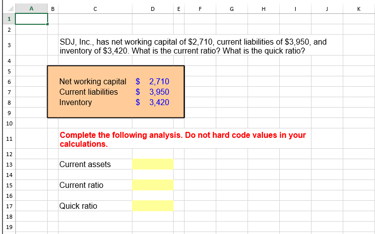 ANSWER MUST BE IN EXCEL FORMAT SDJ, Inc., has net working capital