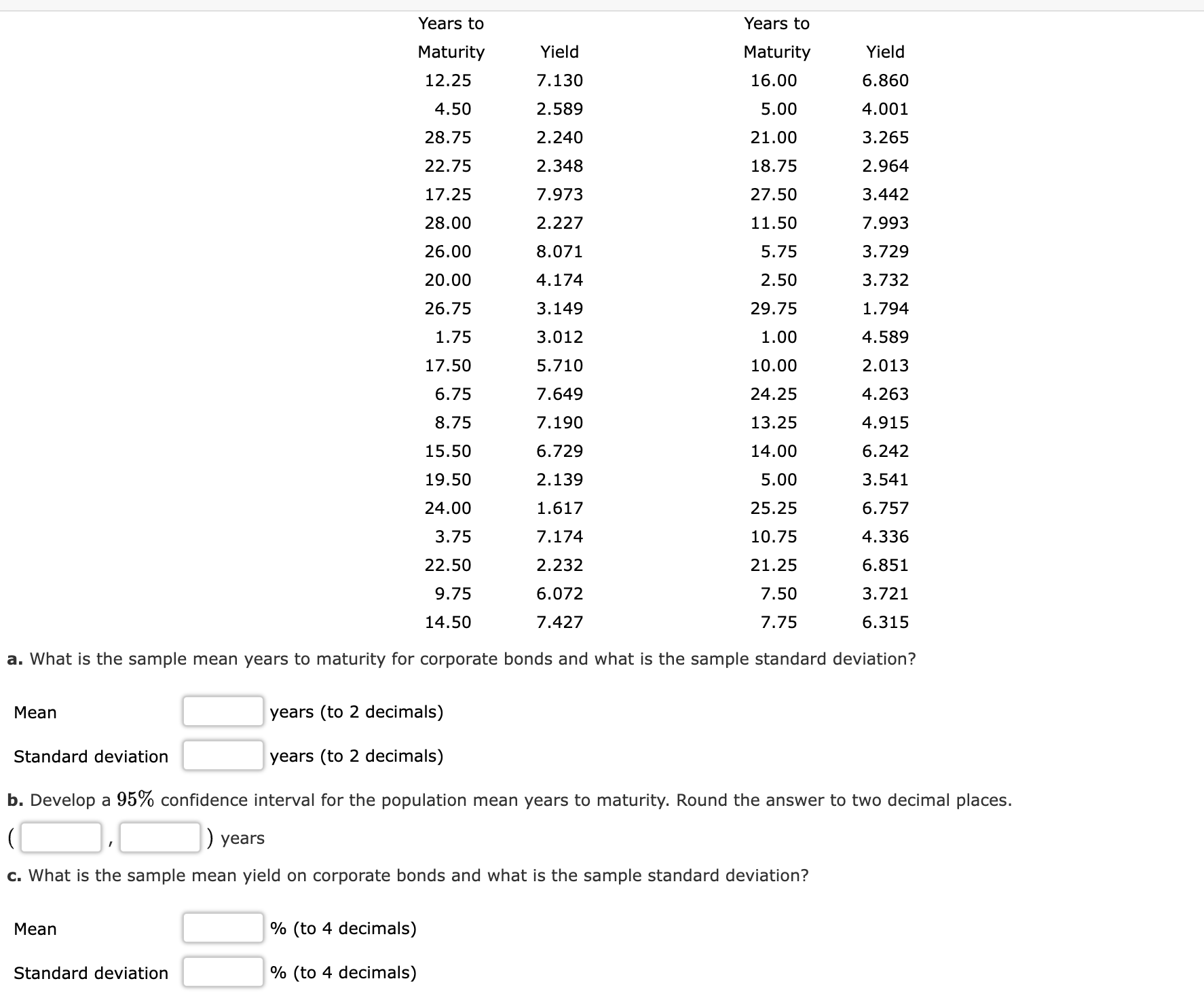  a. What is the sample mean years to maturity for corporate