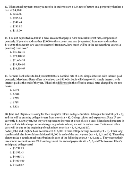  Please answer 17-20 and explain your answer 17. What annual payment