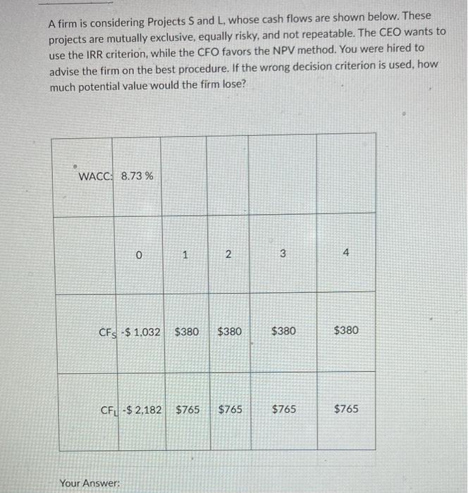  A firm is considering Projects S and L, whose cash flows