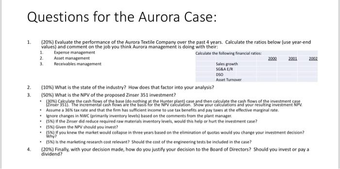  Questions for the Aurora Case: 1. (20%) Evaluate the performance of
