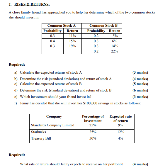  2. RISKS & RETURNS: A close family friend has approached you