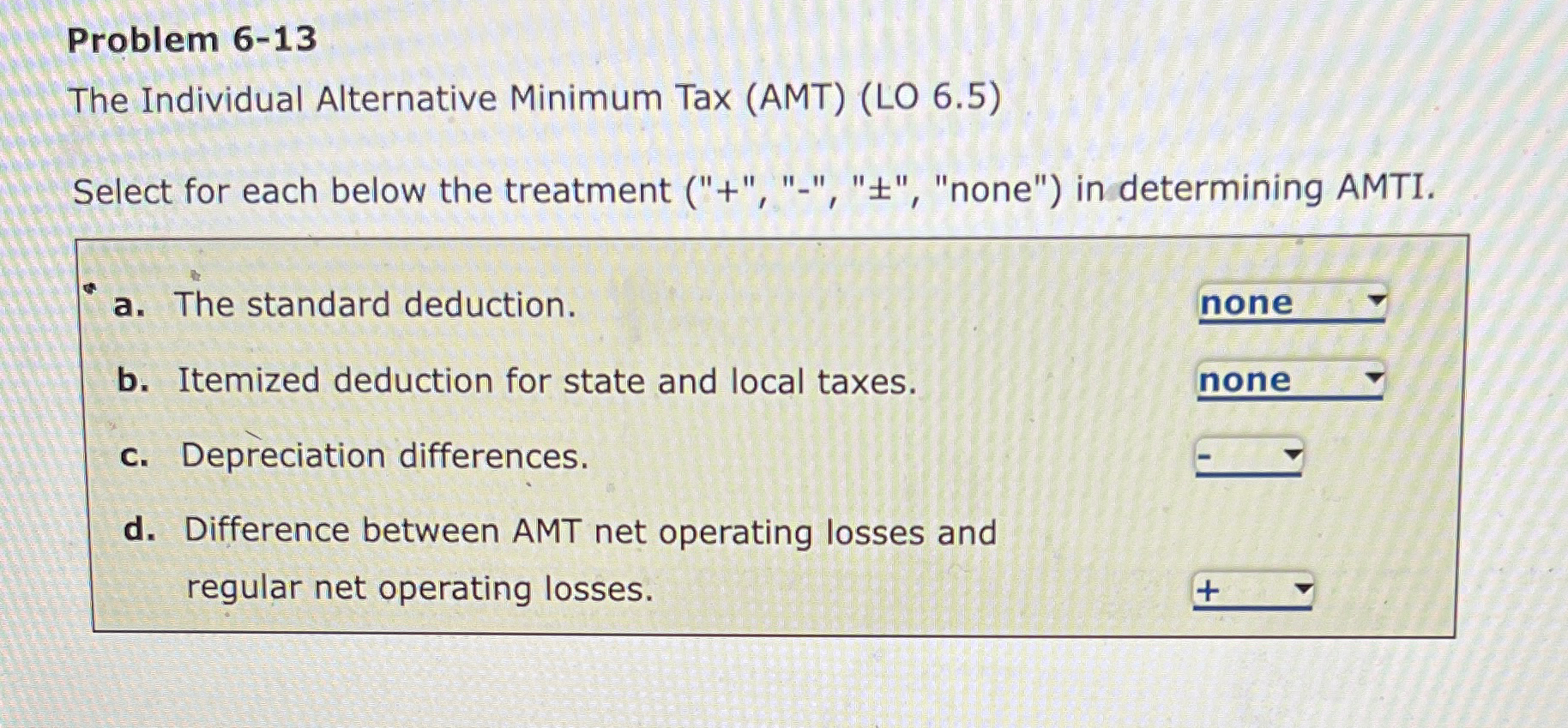  Problem 6-13 The Individual Alternative Minimum Tax (AMT)(LO 6.5) Select for
