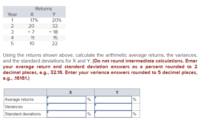  Using the returns shown above, calculate the arithmetic average returns, the