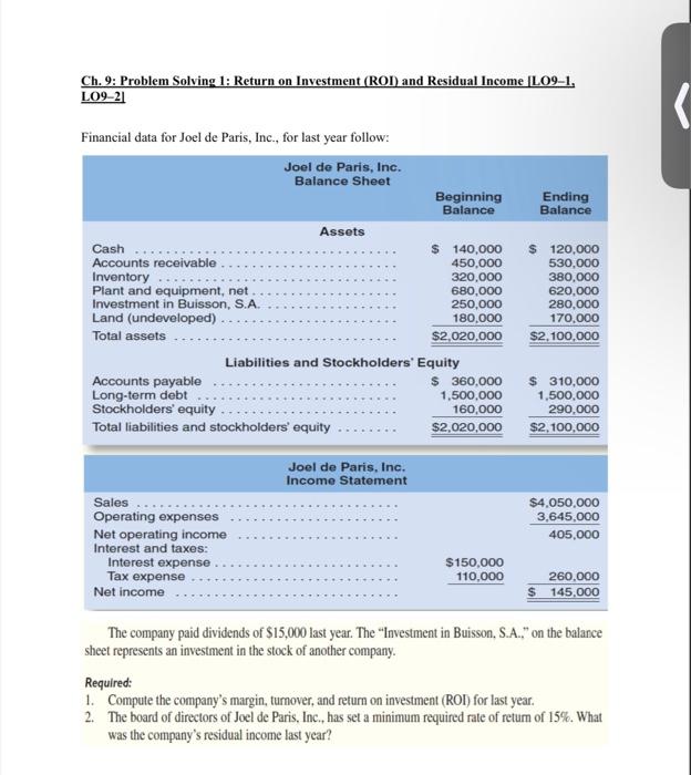  Ch. 9: Problem Solving 1: Return on Investment (ROI) and Residual