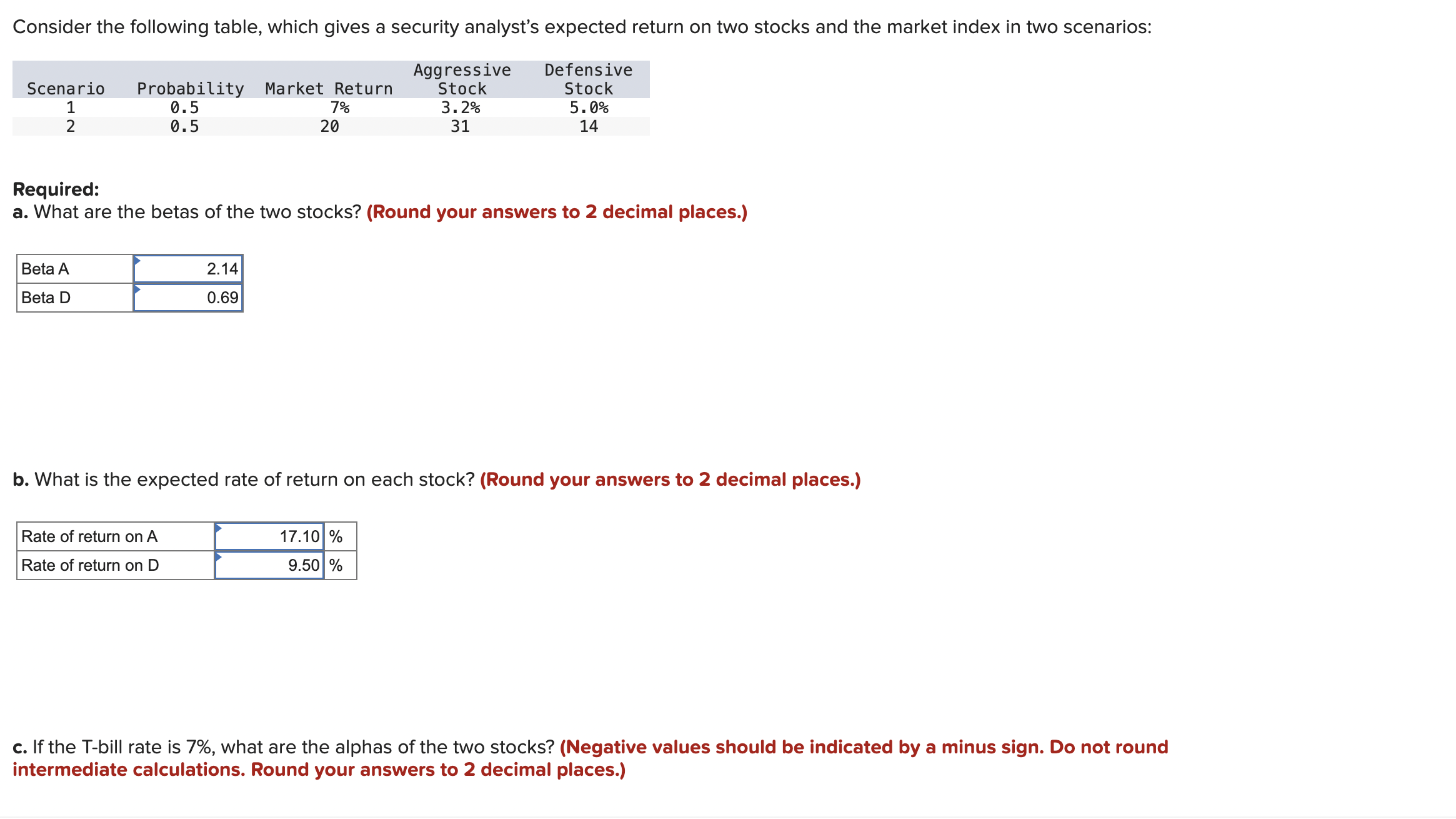  Consider the following table, which gives a security analyst's expected return