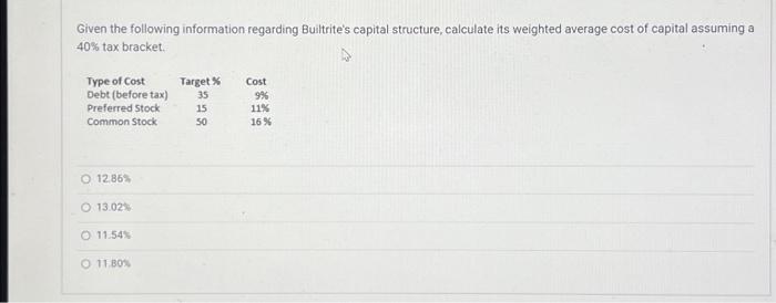  Given the following information regarding Builtrite's capital structure, calculate its weighted