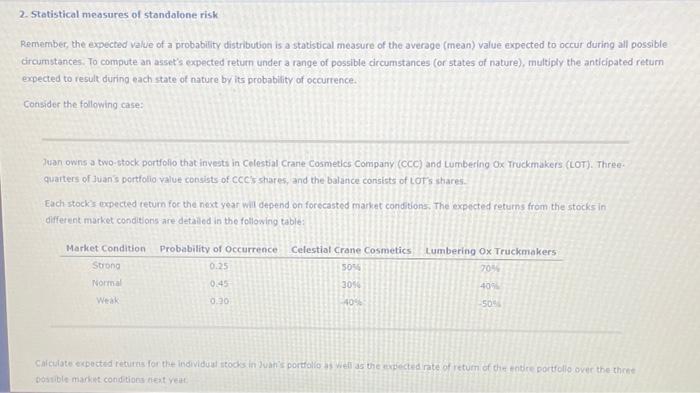  2. Statistical measures of standalone risk Remember, the expected value of