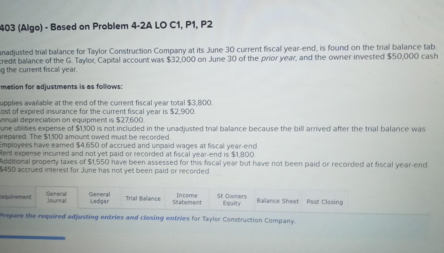  403 (Algo) - Based on Problem 4-2A LO C1, P1, P2