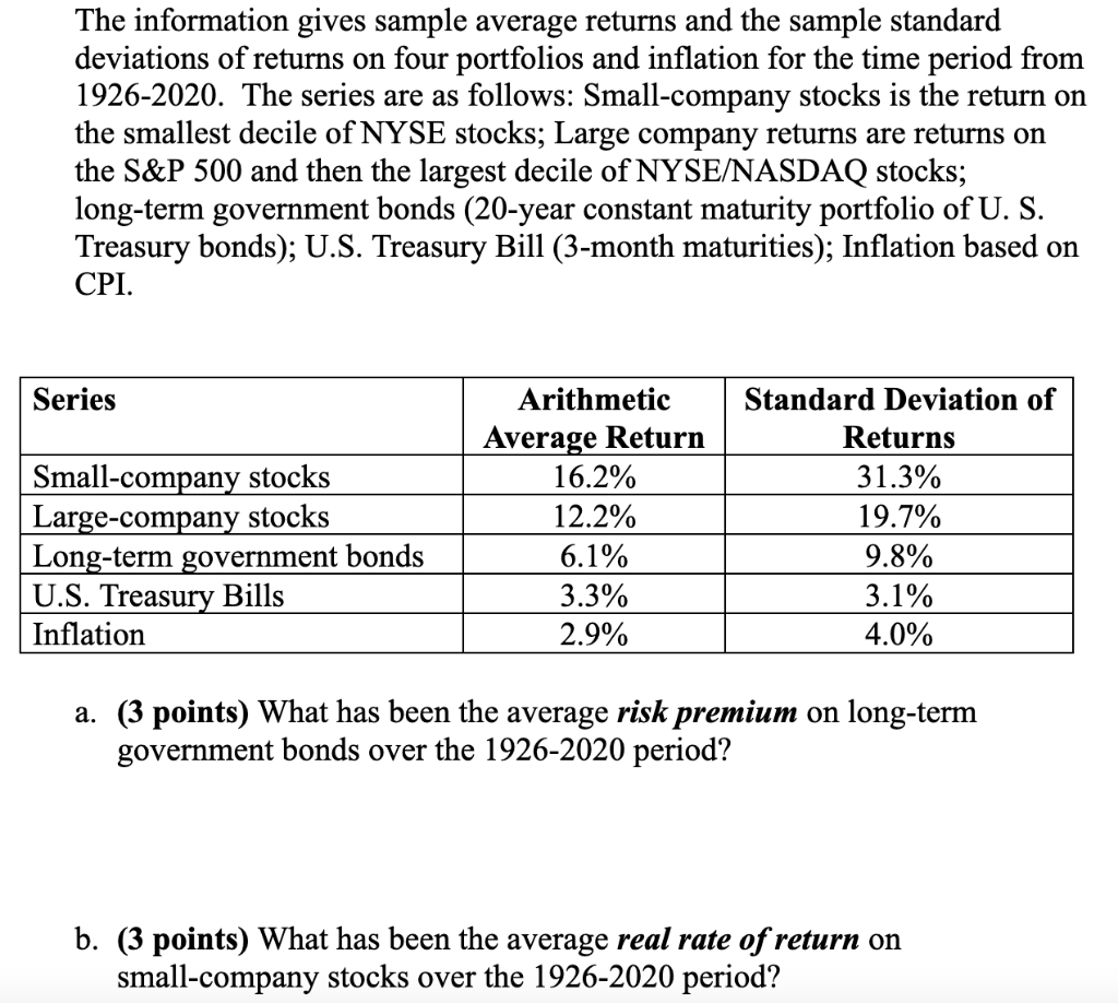 The information gives sample average returns and the sample standard deviations