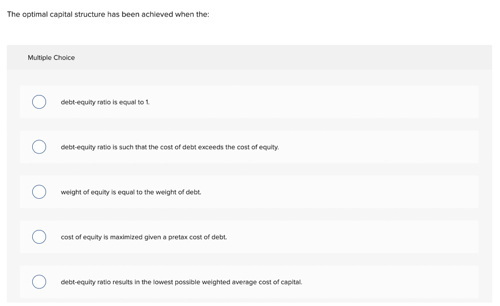 The optimal capital structure has been achieved when the: Multiple Choice