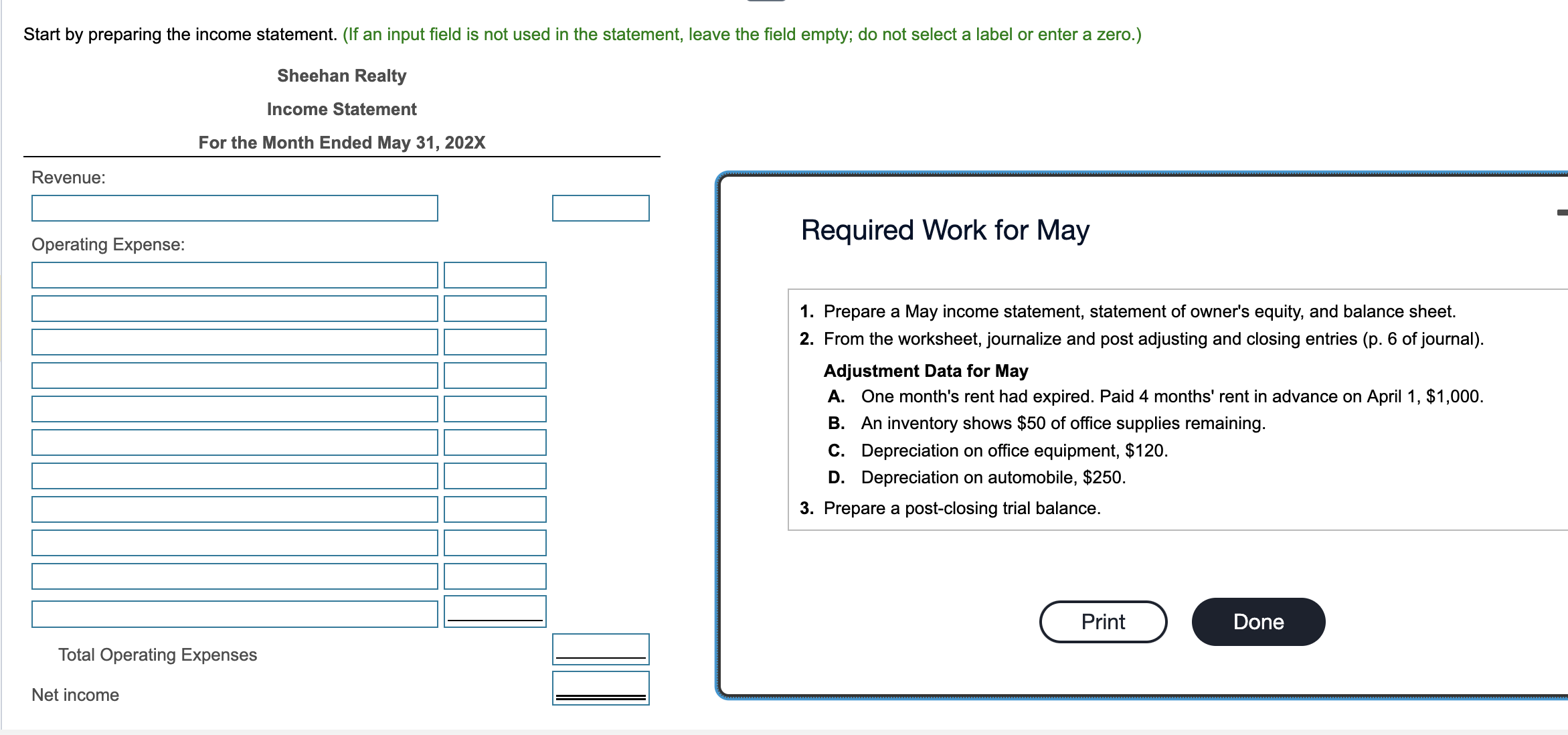 Required Work for May 1. Prepare a May income statement, statement