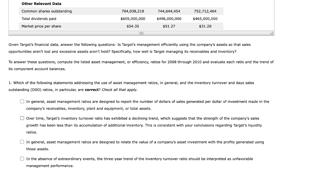 data for Target to complete and conduct your financial ratio analysis. Then