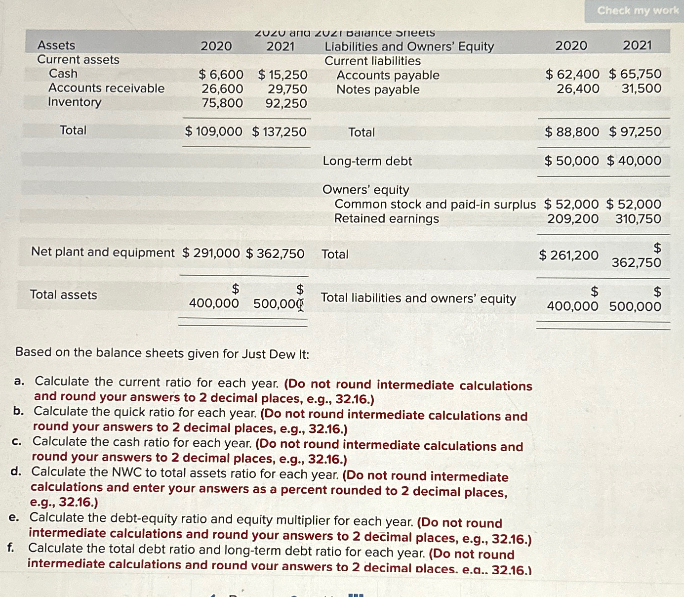  Check my work \table[[,,??U?U ana,???I balance sneets,,],[Assets,2020,2021,Liabilities and Owners' Equity,2020,2021],[Current assets,,,Current
