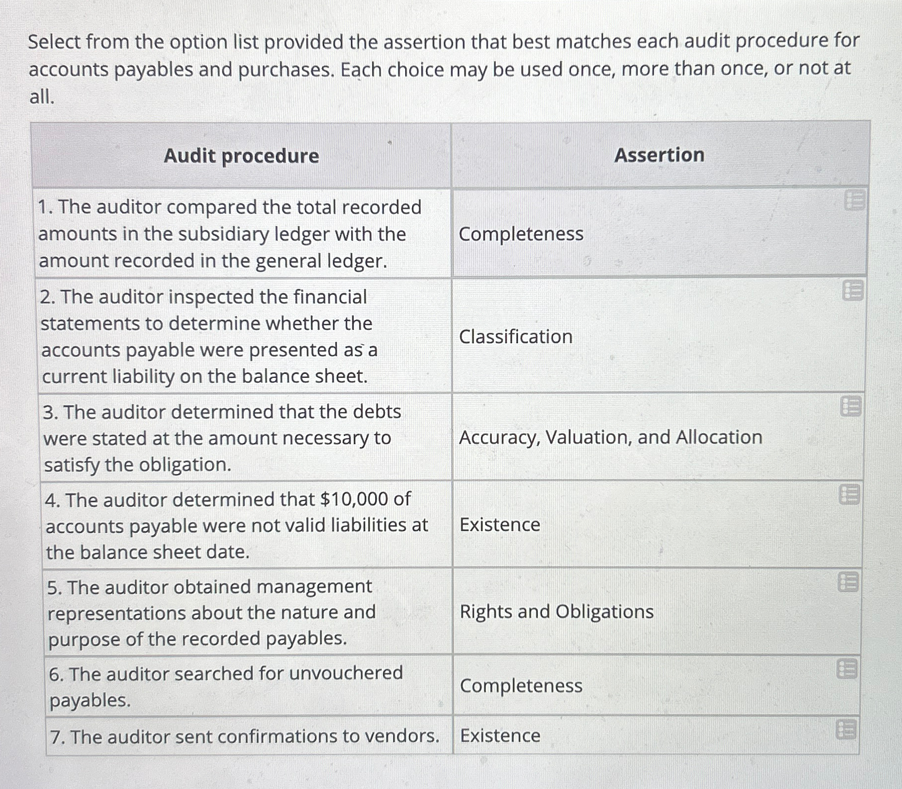  Select from the option list provided the assertion that best matches