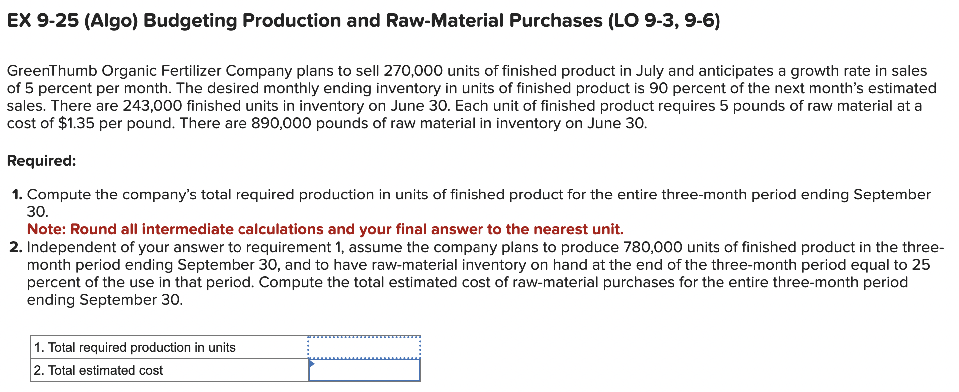  EX 9-25(Algo) Budgeting Production and Raw-Material Purchases (LO 9-3,9-6) GreenThumb Organic