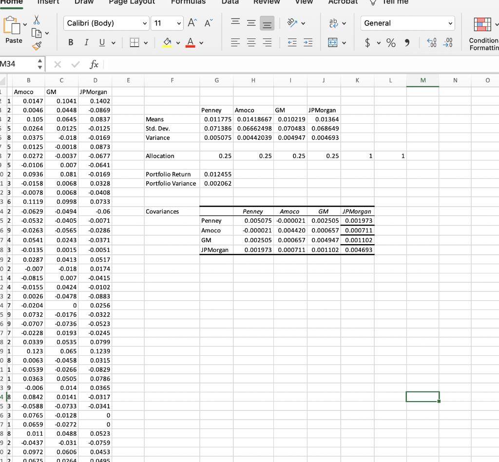 returns of four stocks: JCPenney, Amoco, GM and JPMorgan for 240 months