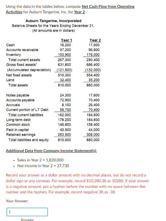  Using the data in the tables below, compute Net Cash Flow