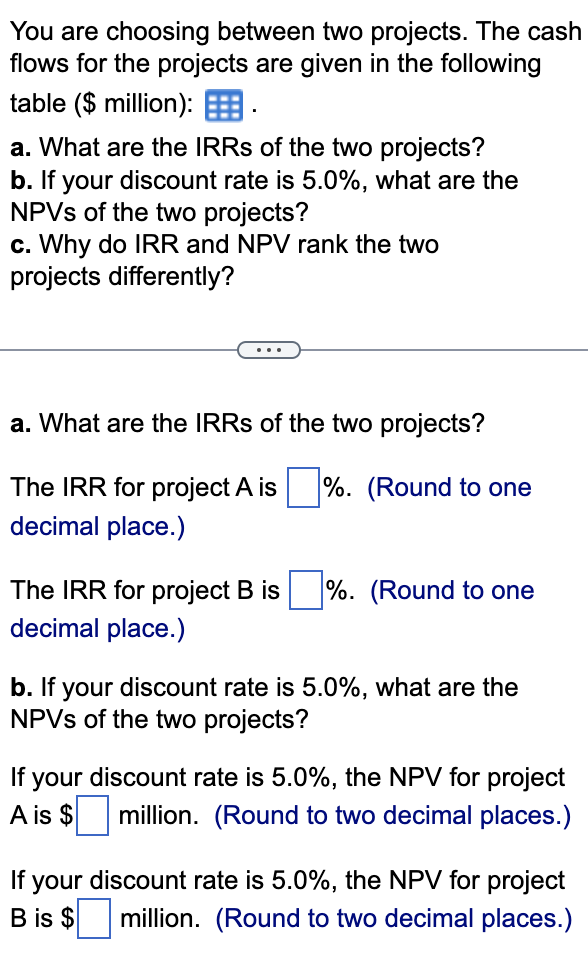  You are choosing between two projects. The cash flows for the