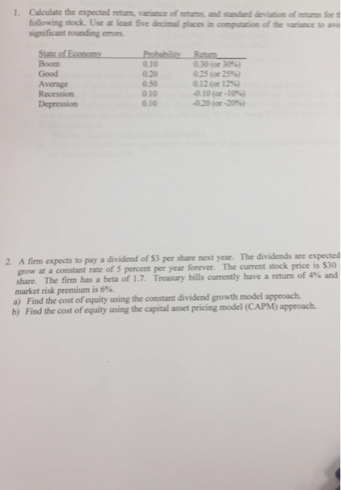  Calculate the expected return, variance of returns, and standard deviation of
