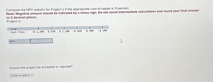 Compute the NPV statistic for Project U if the appropriate cost
