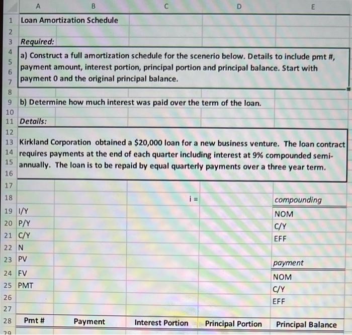  B D E 1 Loan Amortization Schedule 2 3 Required: a)