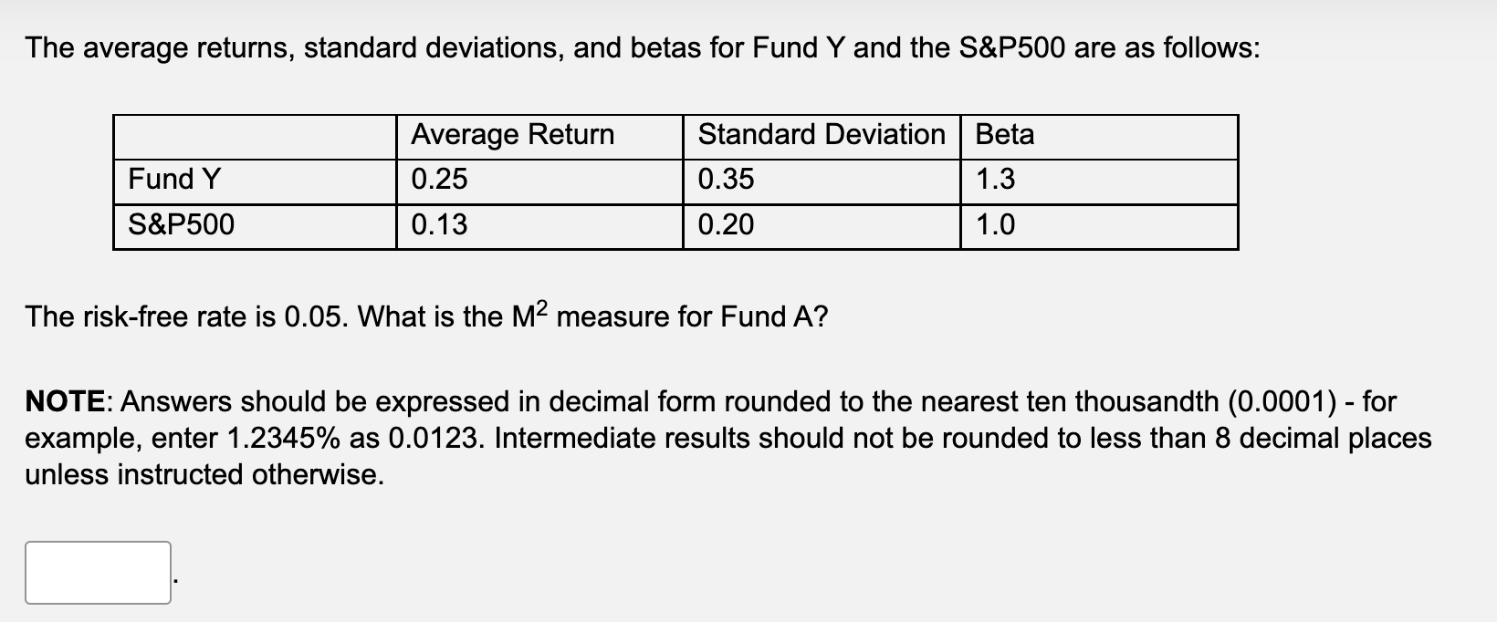 The average returns, standard deviations, and betas for Fund Y and