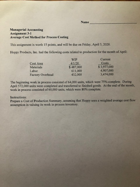  Name Managerial Accounting Assignment 3-1 Average Cost Method for Process Costing