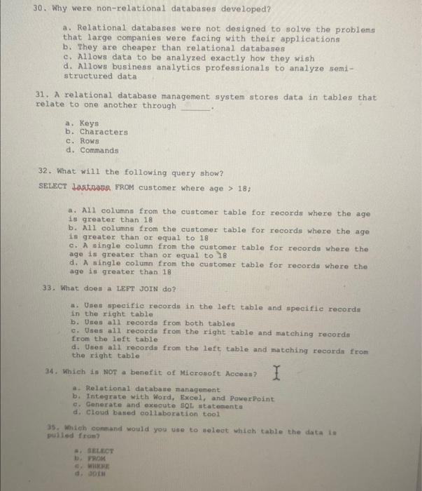  30. Why were non-relational databases developed? a. Relational databases were not