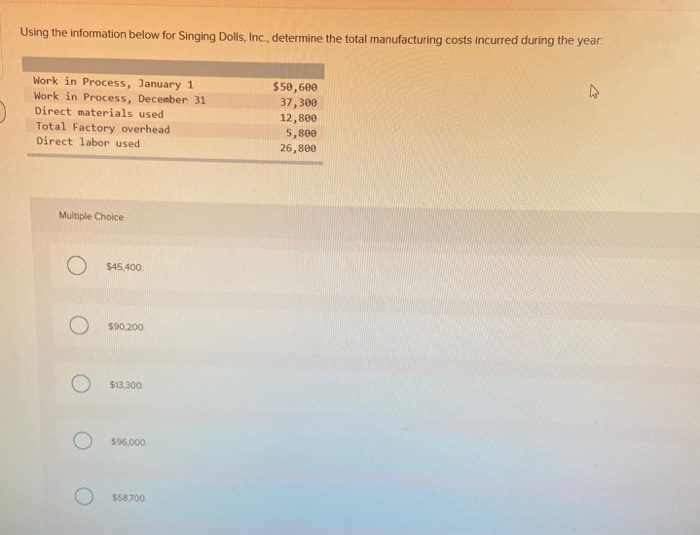  Using the information below for Singing Dolls, Inc., determine the total