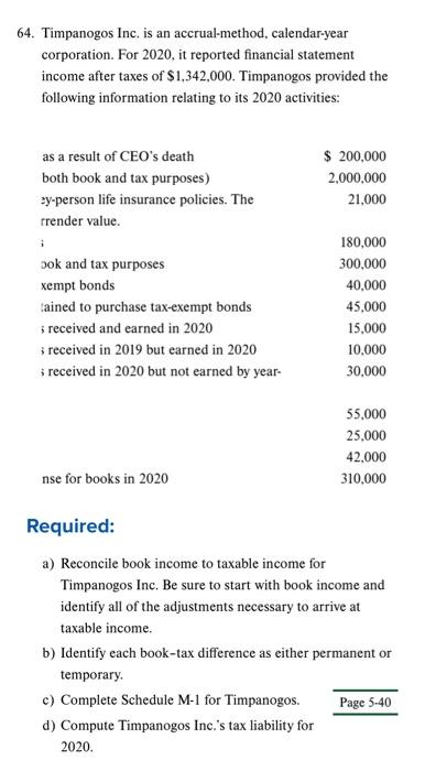 please explain step by step. thank you 64. Timpanogos Inc. is an