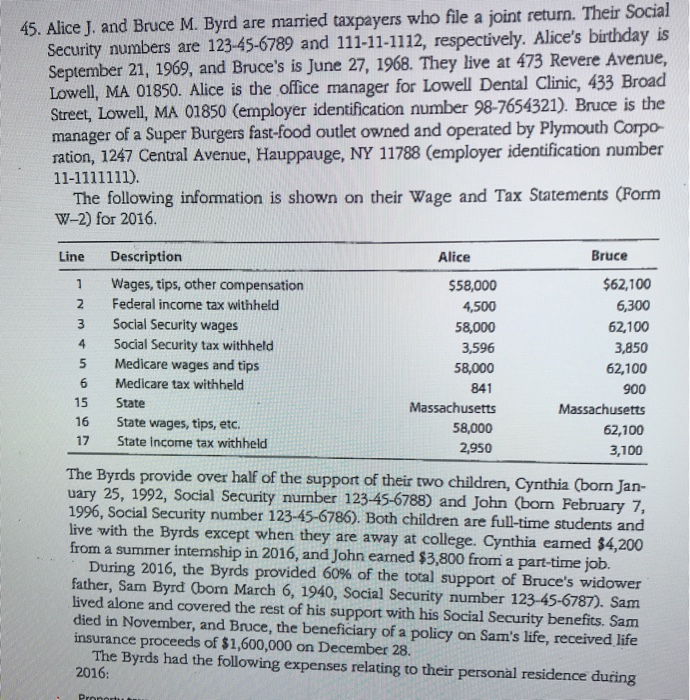  Complete forms 1050 page 1&2 ans schedule A ONLy 45. Alice